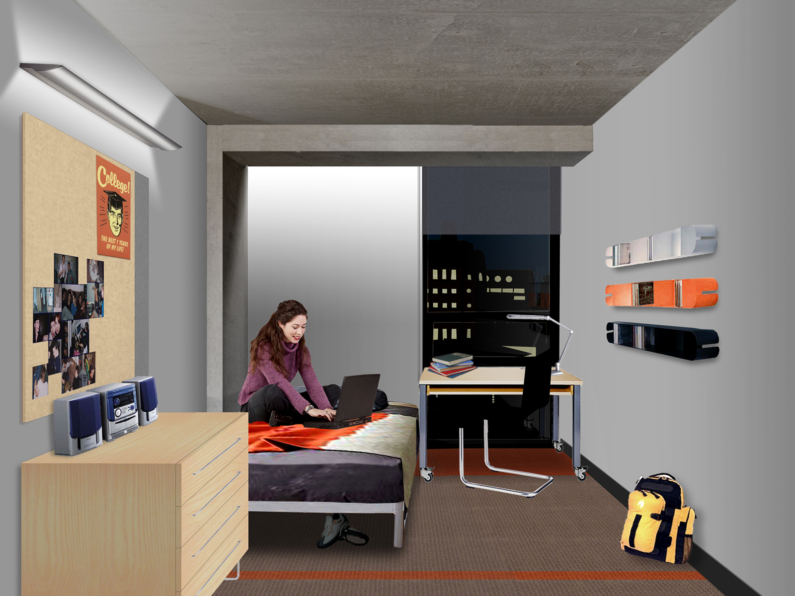 drawing of dorm room-night